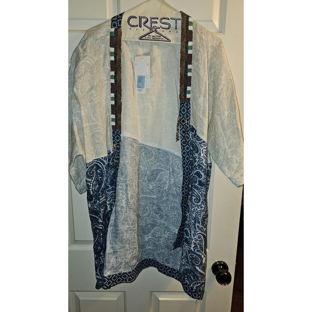 NWT Size L/XL Soft Surroundings Blue white and tan kimono style cardigan